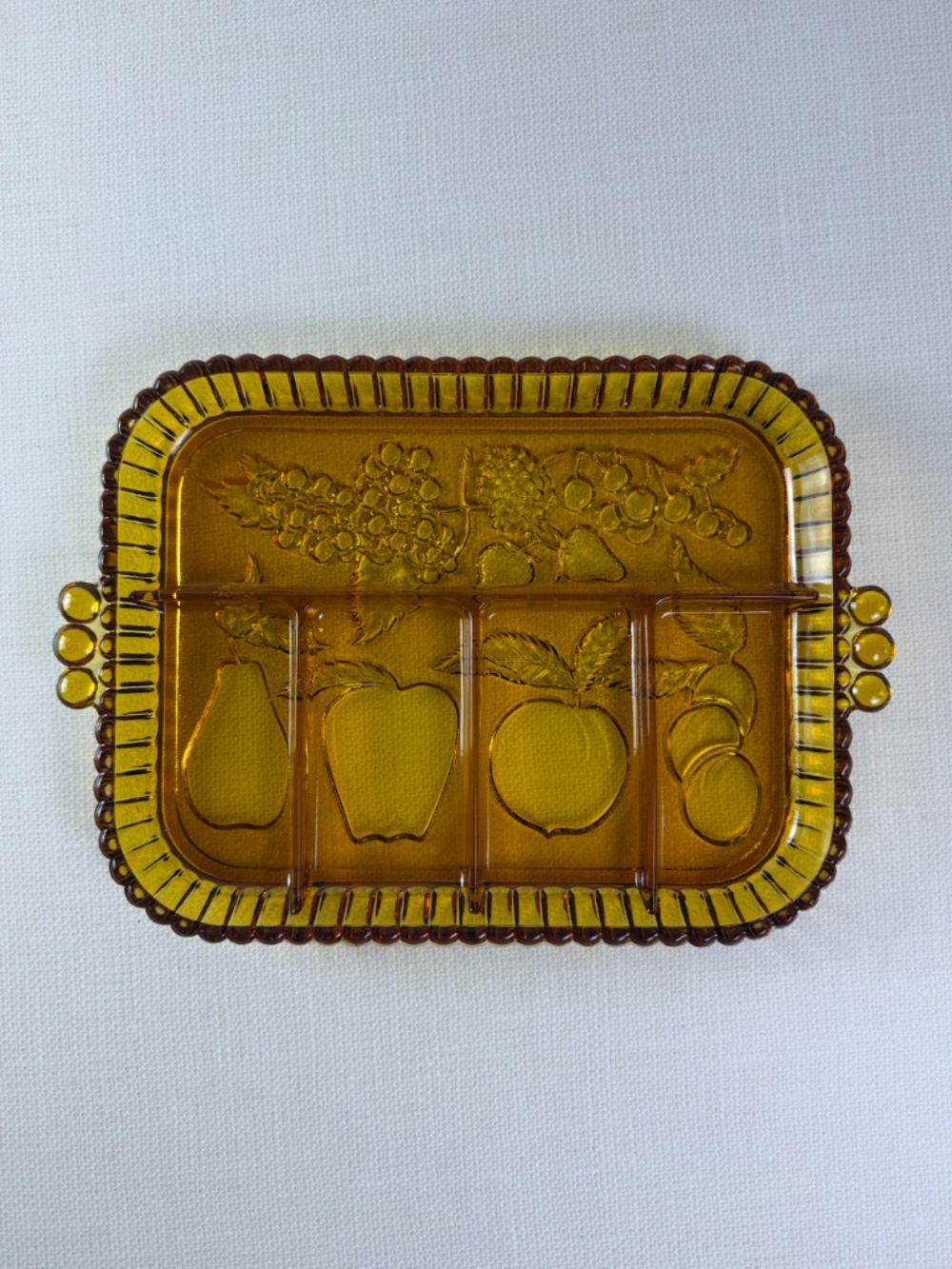 Indiana Glass "Fruits" Pattern Amber Relish Tray — 5-Section Divided Dish - Picture 2 of 9